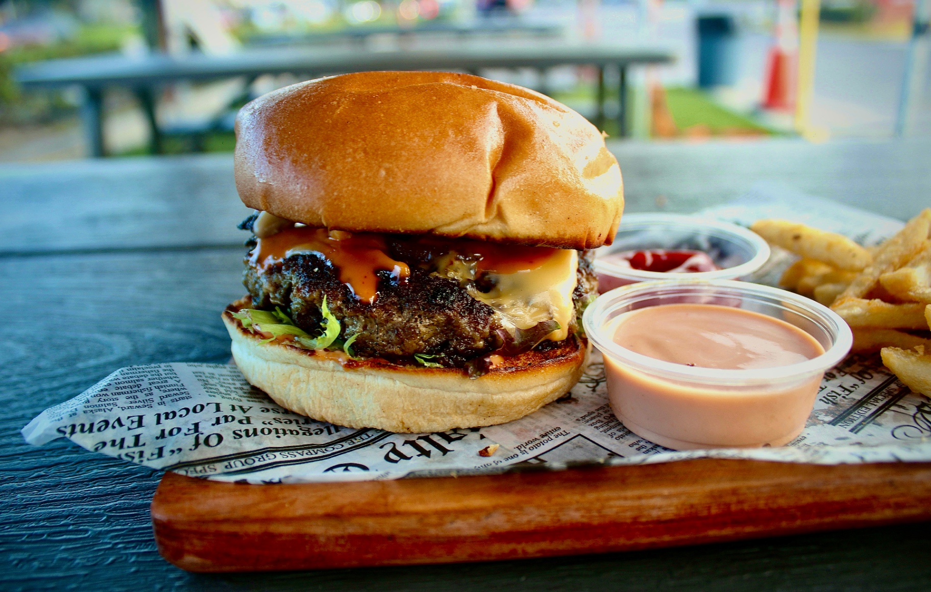 House BBQ burger with fries at Natalie's BBQ Shack Miami